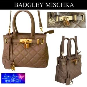 BADGLEY MISCHKA Mini Diamond Quilted Tote w/Front Lock, Toupe, NWT